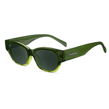 Sunglasses with a glossy seaweed green fade frame and polarized aviator green lenses, Flyover