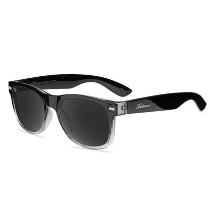 Sunglasses with Glossy Black Frames and Polarized Smoke Lenses, Flyover