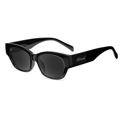 Sunglasses with a glossy black frame and polarized smoke lenses, Flyover