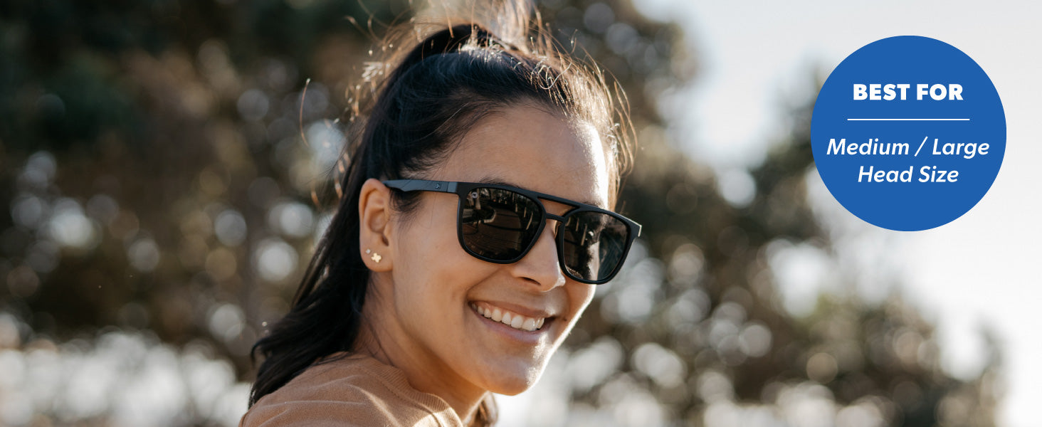 Brightsides are best for medium to large sized faces. Photo features a woman wearing Brightsides sunglasses
