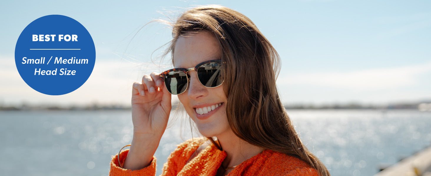 Brooklines are best for small to medium sized faces. Photo features a woman wearing Brooklines sunglasses