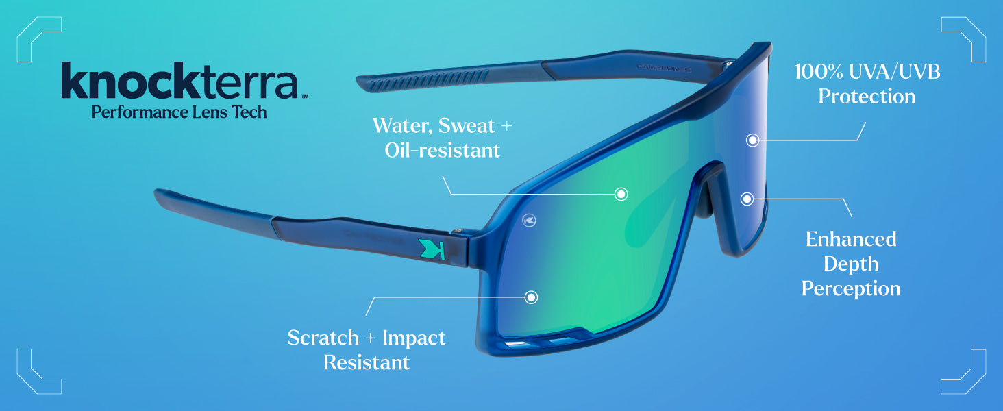 Campeones Lens Features: Wate. Sweat +Oil-resistant, Scratch + Impact Resistant, Enhanced Depth Perception, and UV400 protection lenses