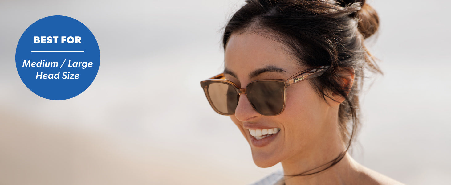 Cloud Catchers are best for medium to large sized faces. Photo features a woman wearing Cloud Catchers sunglasses