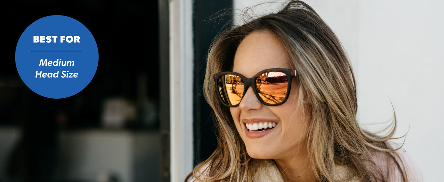Deja Views are best for medium sized faces. Photo features a woman wearing Deja Views sunglasses