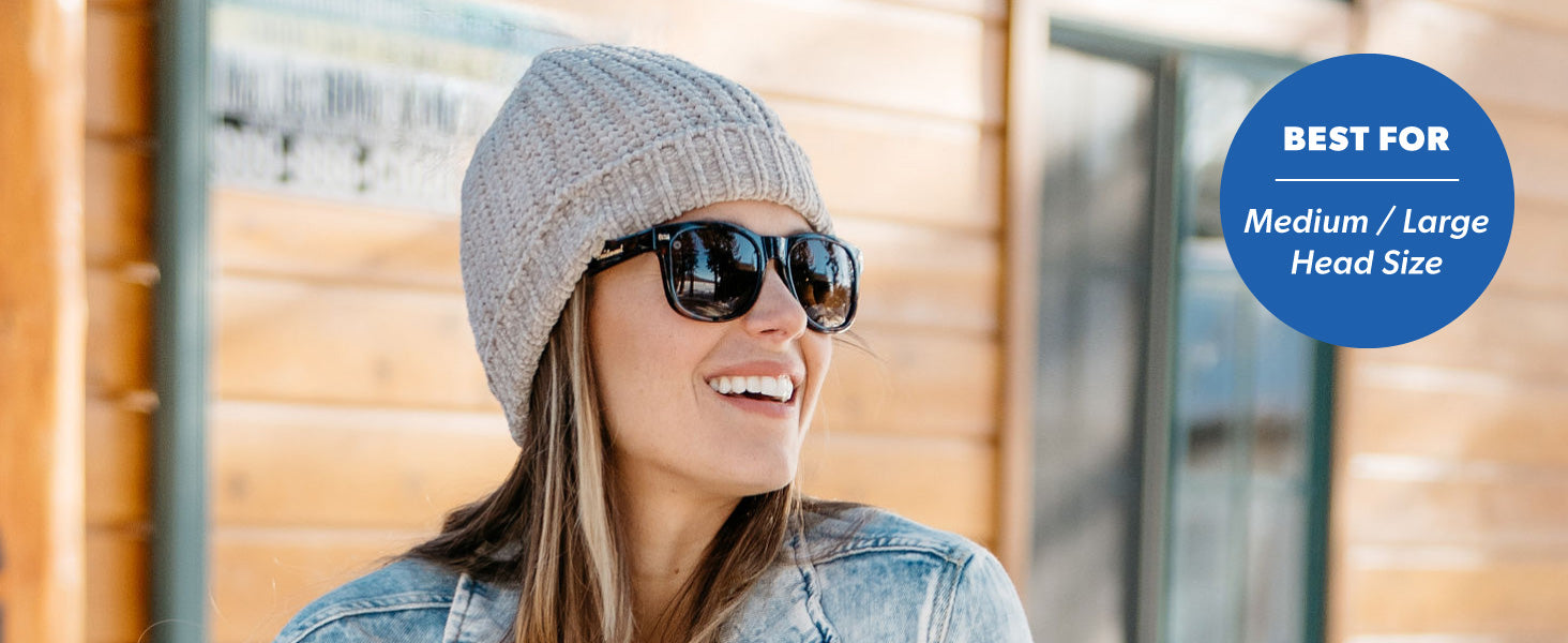 Fort Knocks are best for medium to large sized faces. Photo features a woman wearing Fort Knocks sunglasses