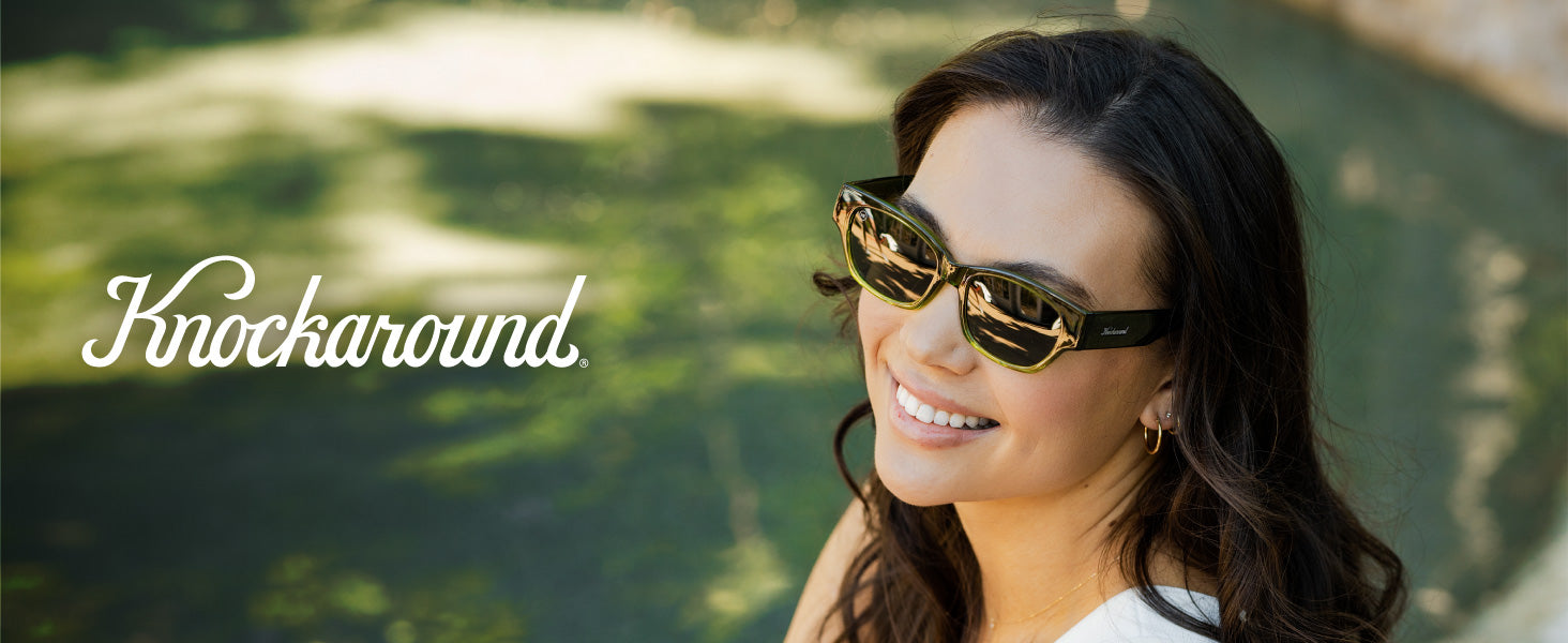 Junipers Knockaround Sunglasses. Photo features a woman wearing Junipers sunglasses. 