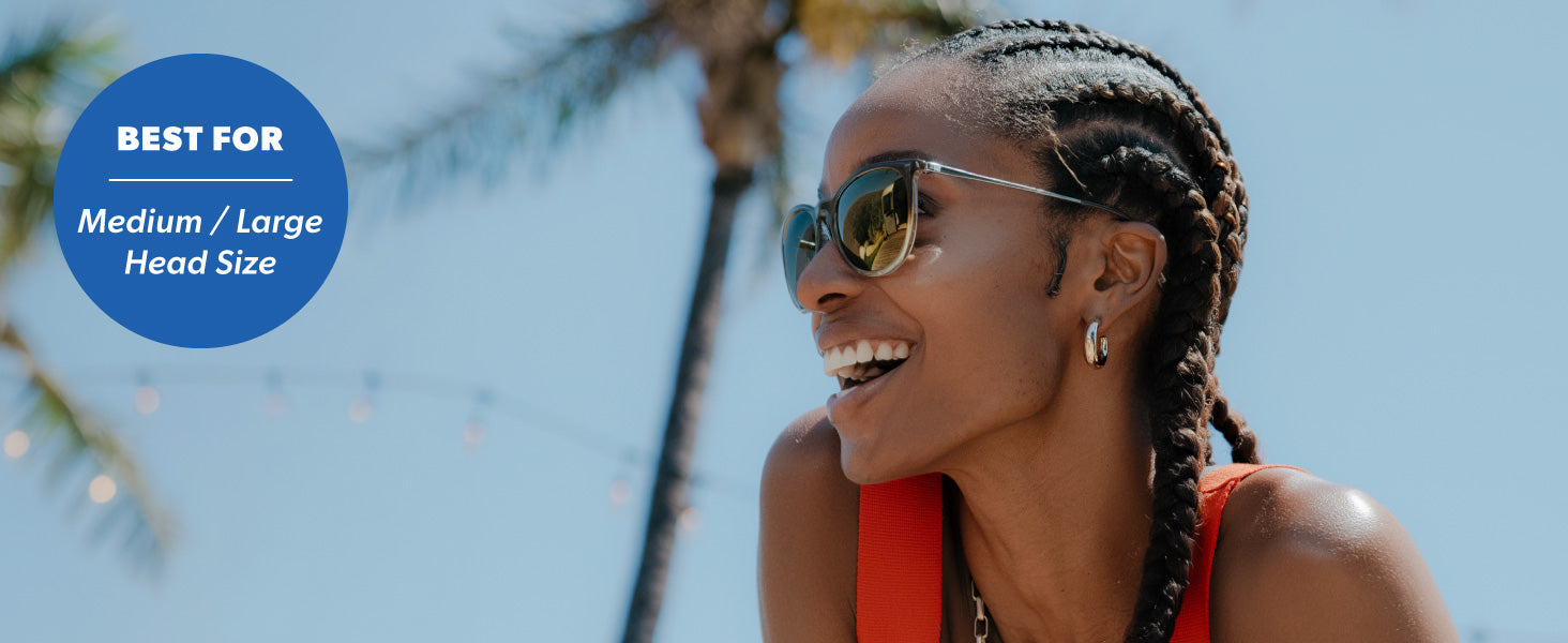 Mary Janes are best for medium to large sized faces. Photo features a woman wearing Mary Janes sunglasses