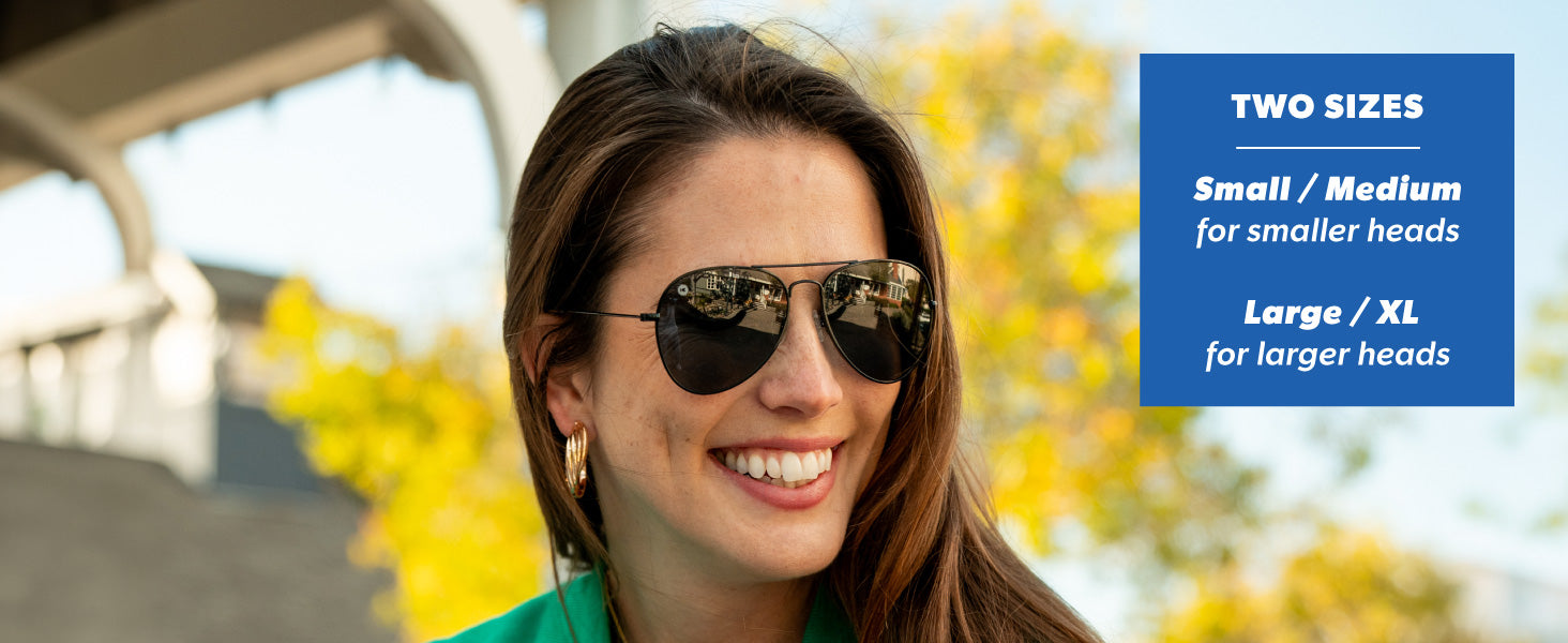 Mile Highs Sunglasses had two sizes Small/ Medium for smaller heads, and large/xl for large head sizes. Women wearing Mile Highs Sunglasses
