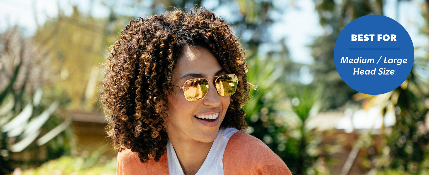 Mount Evans are best for medium to large sized faces. Photo features a woman wearing Mount Evans sunglasses