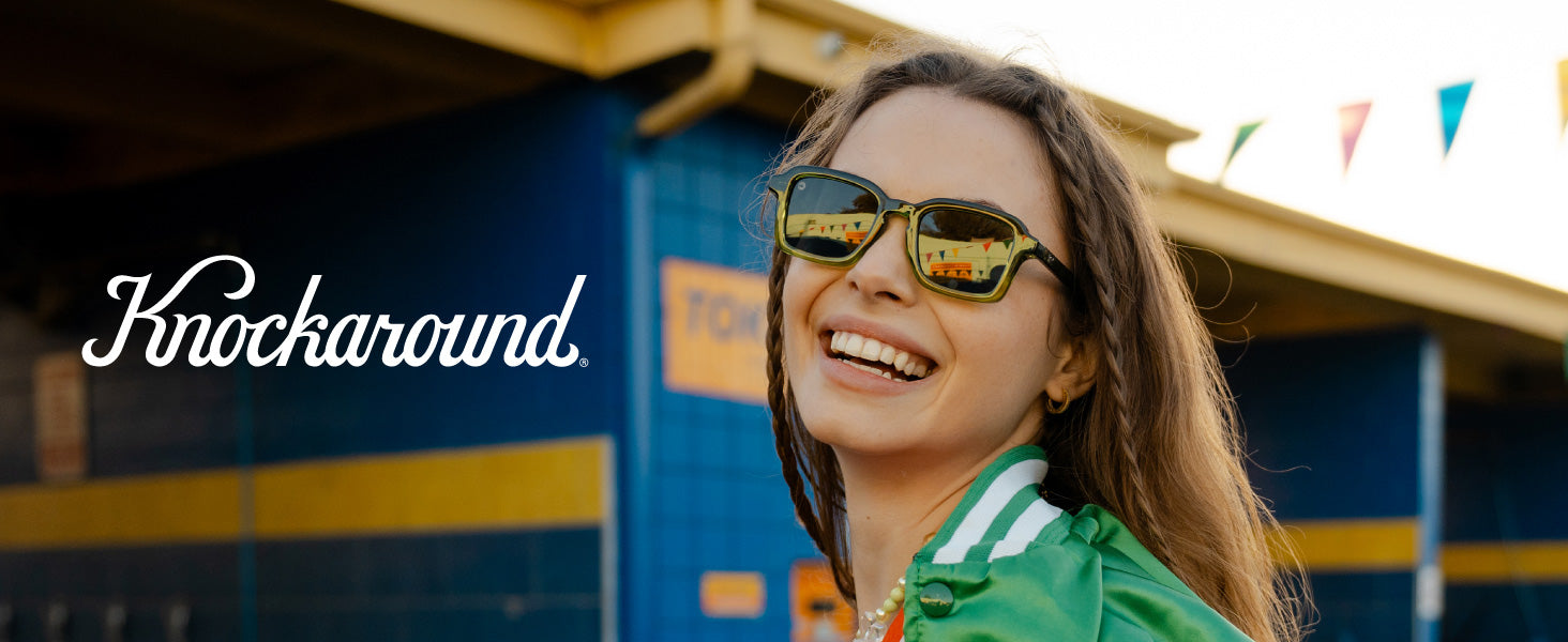 Panoramas Knockaround Sunglasses. Photo features a woman wearing Panoramas sunglasses. 