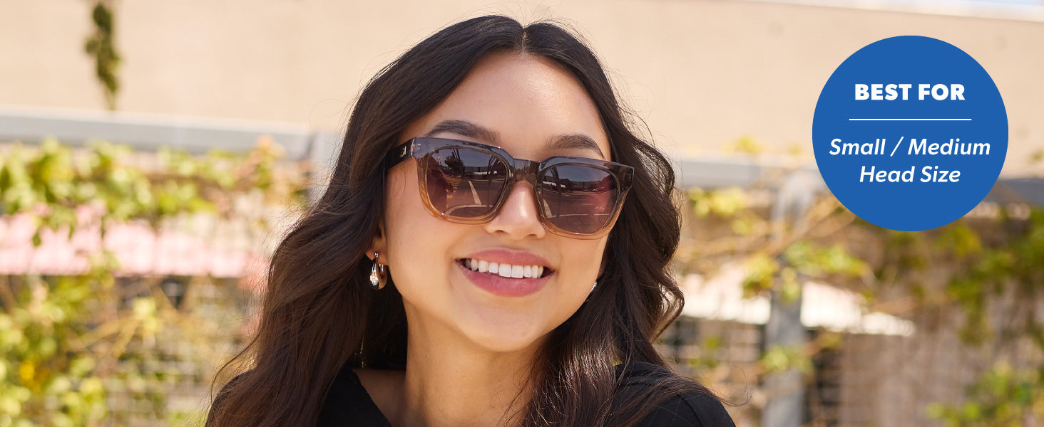 Songbirds Sunglasses is best for small to medium head sizes. Women wearing Songbirds sunglasses
