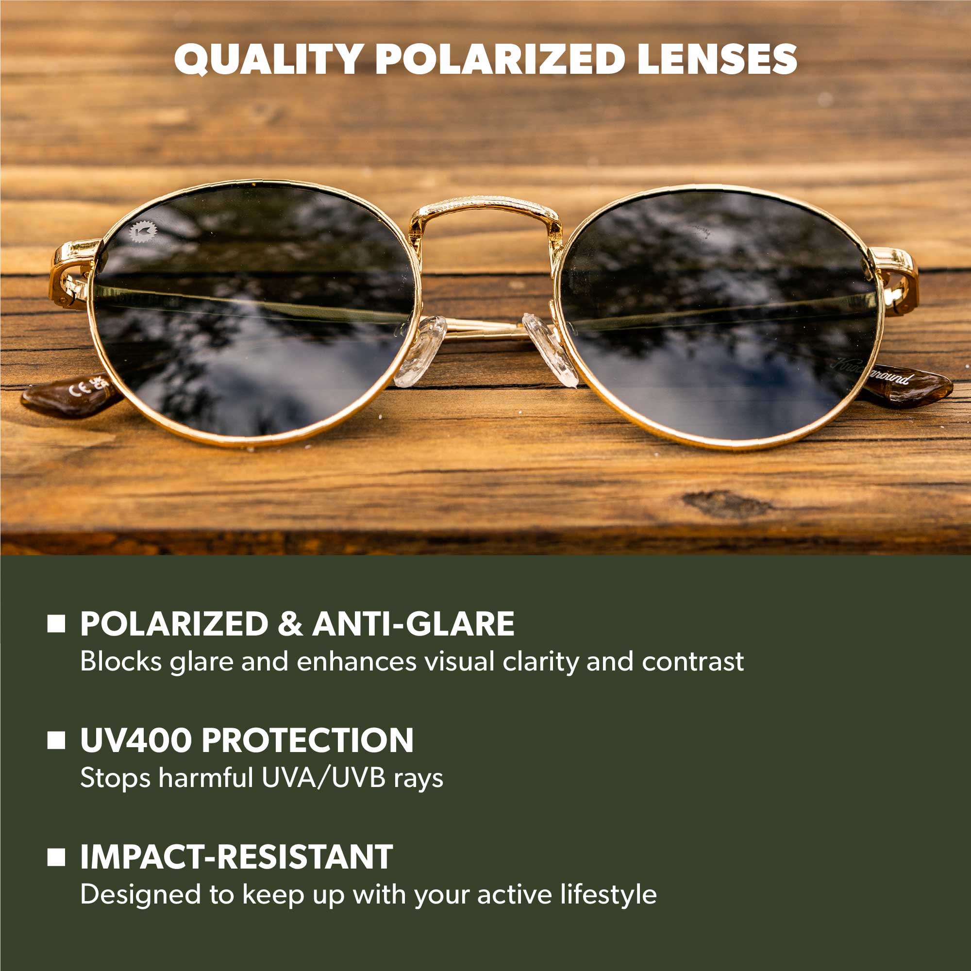 Gold / Aviator Green Love & Haights Sunglasses, Lens Features