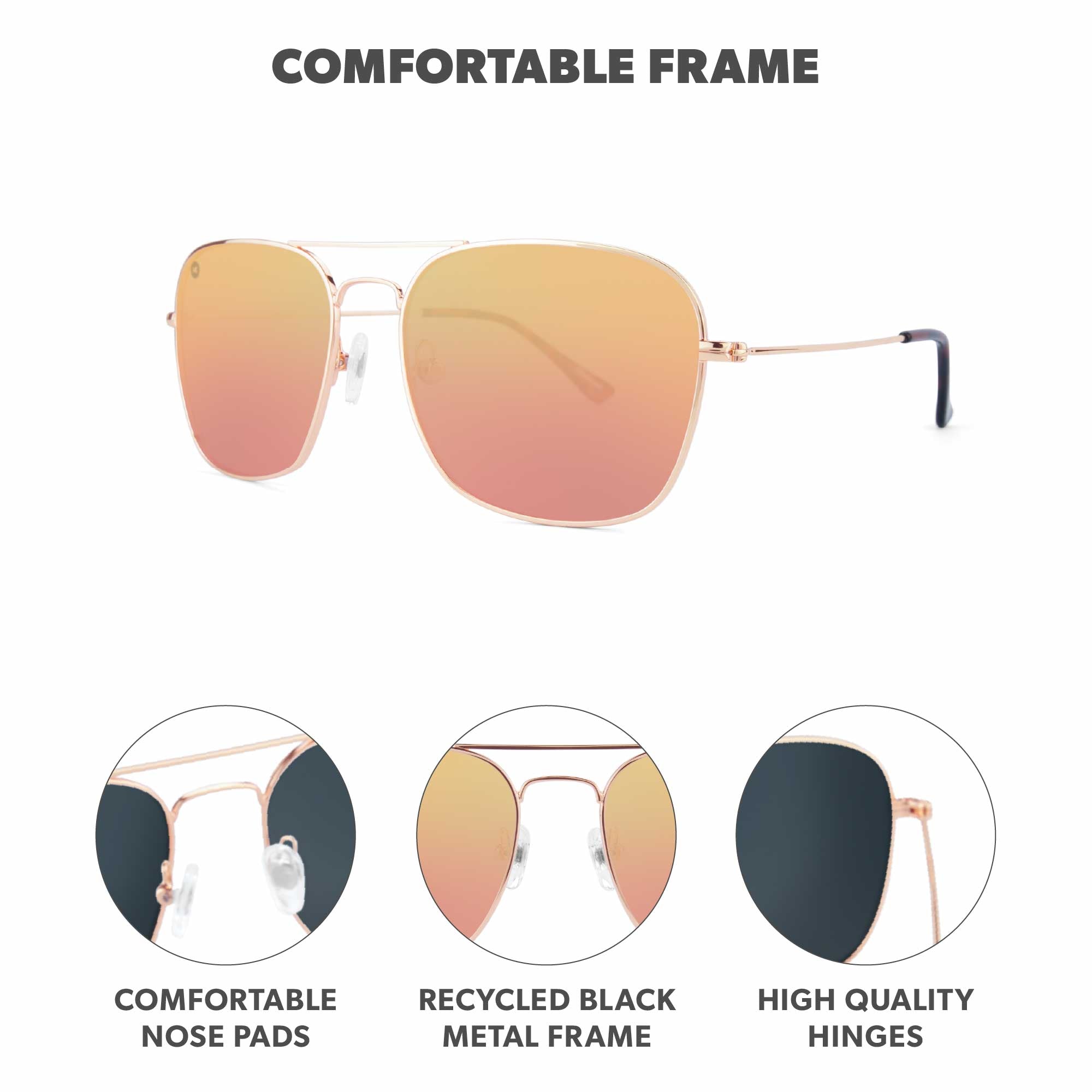 Rose Gold / Copper Mount Evans Sunglasses, Frame Features