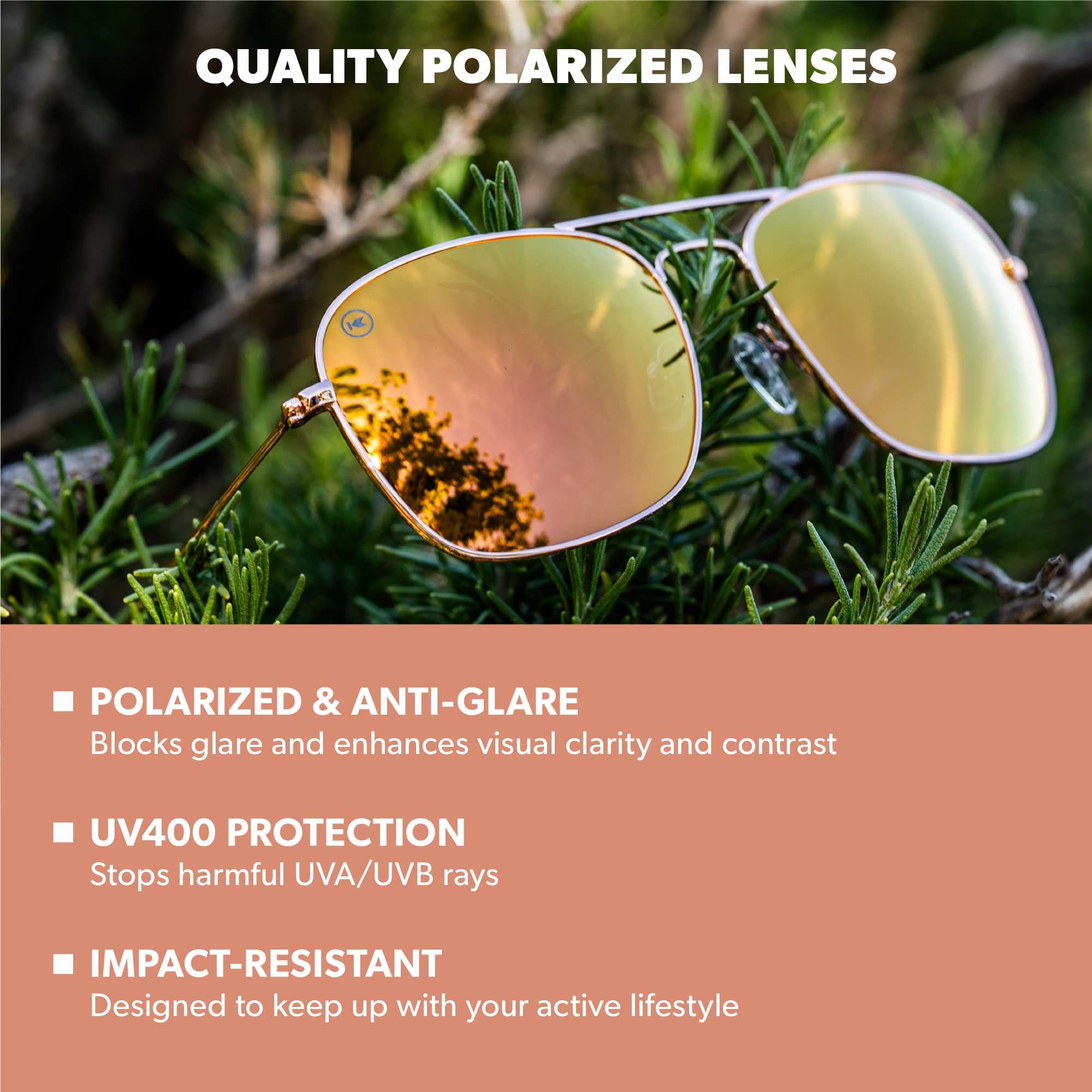 Rose Gold / Copper Mount Evans Sunglasses, Lens Features