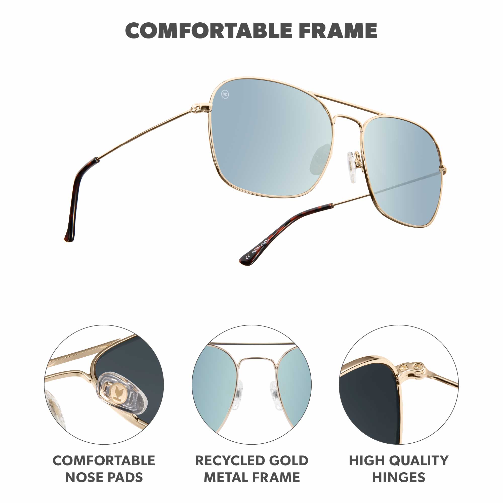 Gold / Sky Blue Mount Evans Sunglasses, Frame Features
