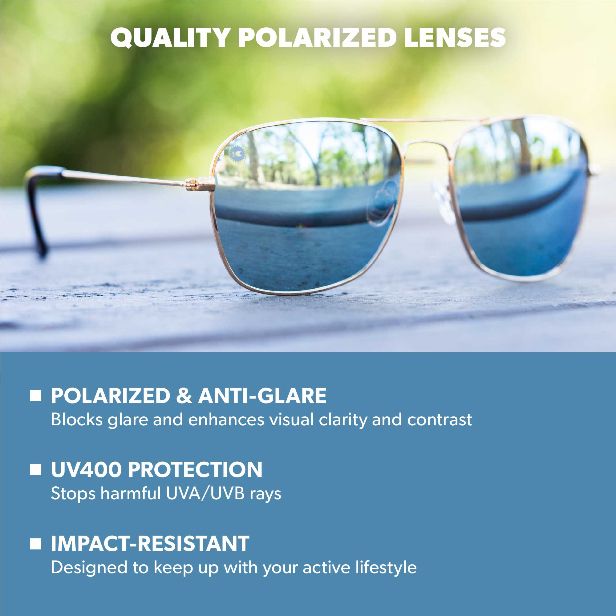 Gold / Sky Blue Mount Evans Sunglasses, Lens Features