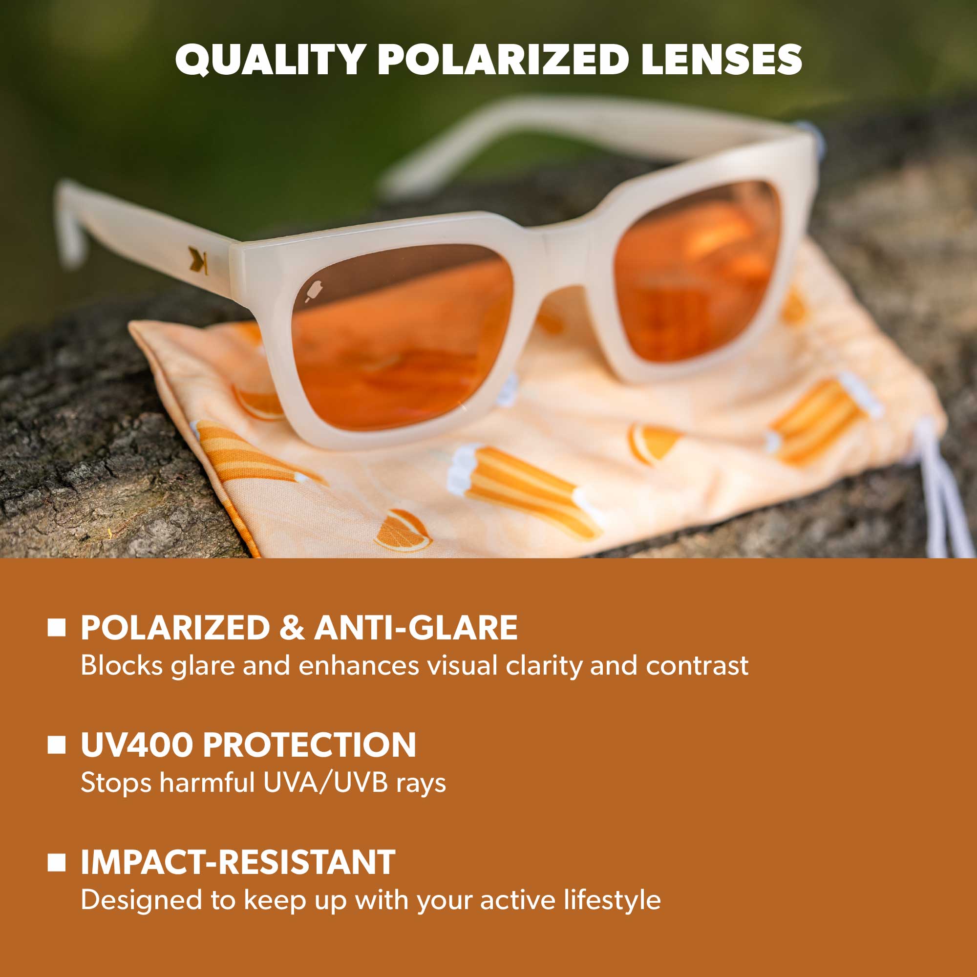 Orange Dreamsicle Songbirds Sunglasses, Lens Features