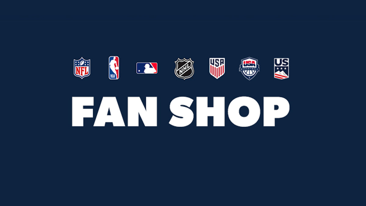 Fan Shop logo with various sports league logos on a dark blue background